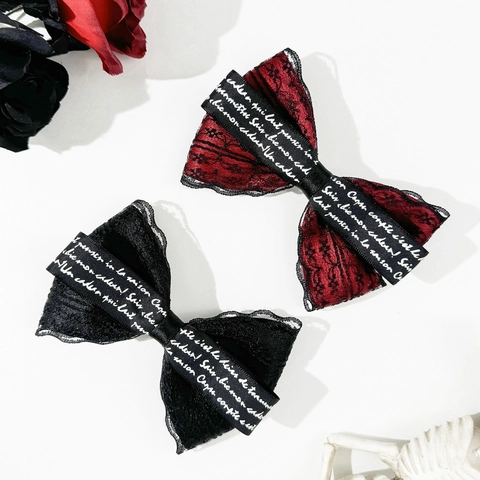 Fermaglio per Capelli con Fiocco in Pizzo Gotico con Nastro con Stampa di Lettere Dark Sweet Lolita Stile Nero Rosso Vino per Donna Halloween Festa