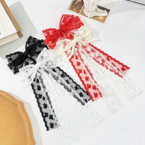 Vintage Spitze Schleife Haarclip Mit Langem Band Handgefertigt Süß Elegant Haarschmuck Für Damen Mädchen Schwarz Weiß Rot Beige