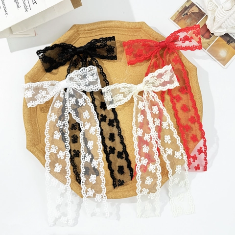 French Elegant Lace Bow Hair Clip With Long Streamers Handmade Butterfly Pattern Duckbill Clip For Women Girls Hair Accessories