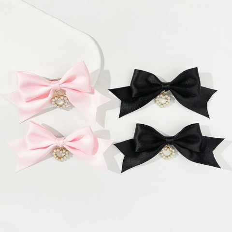 Pasador de Lazo de Cinta de Satén Dulce Con Colgante de Perla Artificial de Corazón Estilo Japonés Pinza de Pelo para Niñas Mujeres