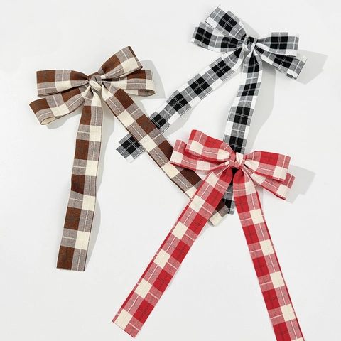 Britischer Stil Kariert Schleife Haarclip Mit Langer Luftschlange Vintage Gingham Band Kopfschmuck Entenschnabel-Clip Für Damen Mädchen Haarschmuck
