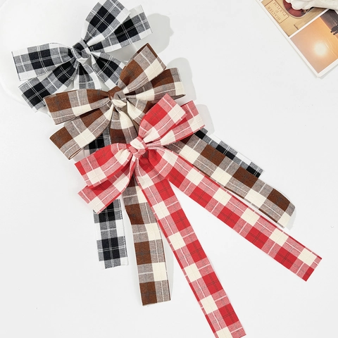 Britischer Stil Kariert Schleife Haarclip Mit Langer Luftschlange Vintage Gingham Band Kopfschmuck Entenschnabel-Clip Für Damen Mädchen Haarschmuck
