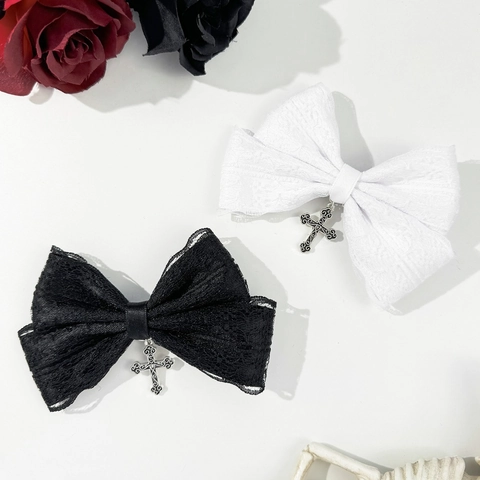Fermaglio Per Capelli Con Fiocco In Pizzo Gotico E Pendente A Croce In Metallo Accessorio Stile Lolita Per Donna Festa Halloween
