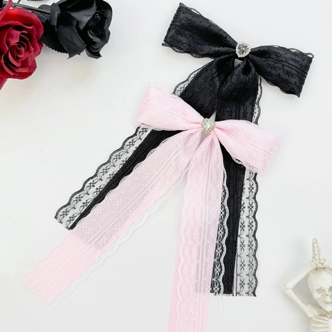 Gothic Spitze Schleife Haarspange Langes Band Herz Strass Lolita Sweet Cool Mode Haarnadel Für Damen Täglich Accessoires