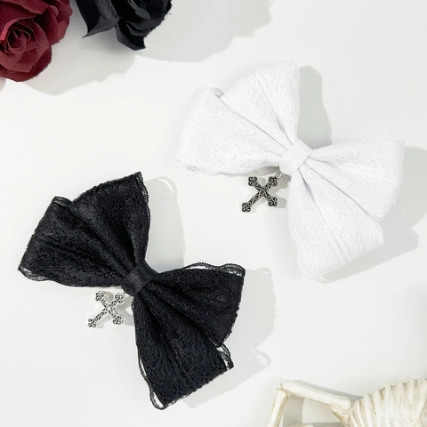 Fermaglio Per Capelli Con Fiocco In Pizzo Gotico E Pendente A Croce In Metallo Accessorio Stile Lolita Per Donna Festa Halloween
