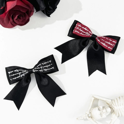 Vintage Satin Bowknot Hair Clips For Women Gothic Dark Style Letter Print Ribbon Hair Bows Duckbill Clip Hair Accessories
