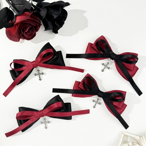 Gothic Black Red Bow Hair Clip Cross Pendant Dark Lolita Satin Ribbon Alligator Clip Handmade Hair Accessory Women