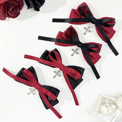Gothic Black Red Bow Hair Clip Cross Pendant Dark Lolita Satin Ribbon Alligator Clip Handmade Hair Accessory Women