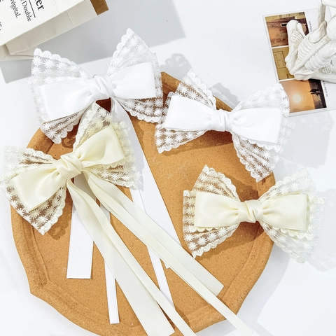 Elegant French Lace Bow Hair Clip Satin Ribbon Bowknot Spring Clip Sweet Floral Embroidery Hair Accessories For Women Party