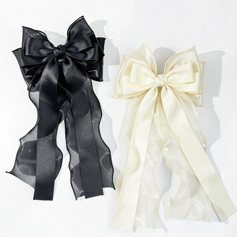 Fermaglio per Capelli a Fiocco Grande Elegante Francese per Donna Rete di Raso Nastro Lungo Clip a Molla Accessori per Capelli