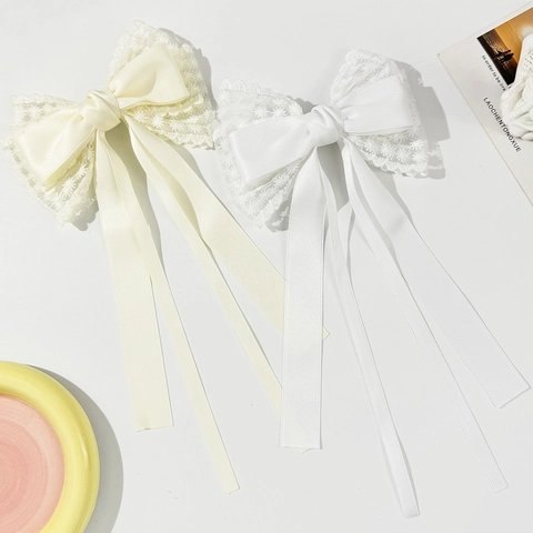 Elegant French Lace Bow Hair Clip Satin Ribbon Bowknot Spring Clip Sweet Floral Embroidery Hair Accessories For Women Party