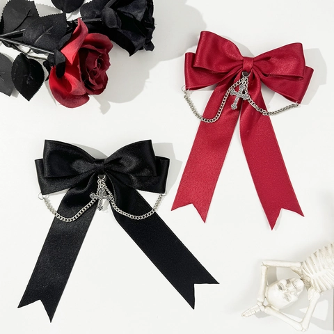 Gothisch Punk Strik Haarspeld Met Zilveren Kruis Hanger Metalen Ketting Satijnen Lint Lolita Haaraccessoires Voor Dames