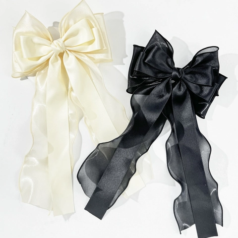 Fermaglio per Capelli a Fiocco Grande Elegante Francese per Donna Rete di Raso Nastro Lungo Clip a Molla Accessori per Capelli