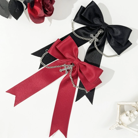 Gothisch Punk Strik Haarspeld Met Zilveren Kruis Hanger Metalen Ketting Satijnen Lint Lolita Haaraccessoires Voor Dames