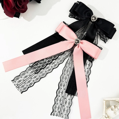 Damen Spitze Schleife Haarklammer Mit Herz Strass Retro Lolita Haarnadel Elegant Kopfschmuck Cool Süß Handgefertigt Haarschmuck