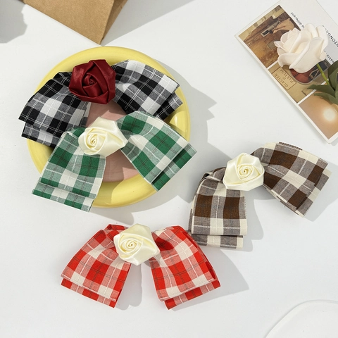 Pince à Cheveux Nœud Rose Carreaux Preppy Rétro Français Gingham Fleur Satin Pince Crocodile Accessoires Cheveux Femme
