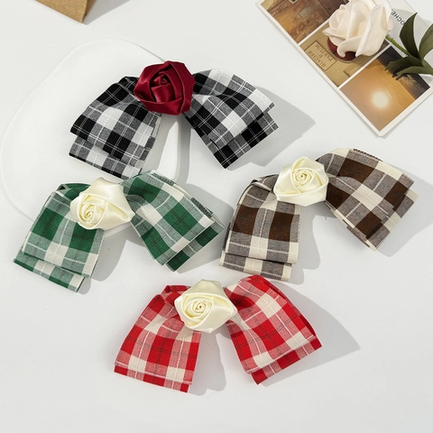 Pince à Cheveux Nœud Rose Carreaux Preppy Rétro Français Gingham Fleur Satin Pince Crocodile Accessoires Cheveux Femme