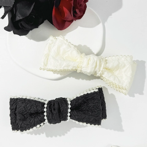 Orecchini a Molla Vintage Francese con Fiocco in Perla Artificiale per Donna Elegante Clip in Tessuto Plissettato Copricapo