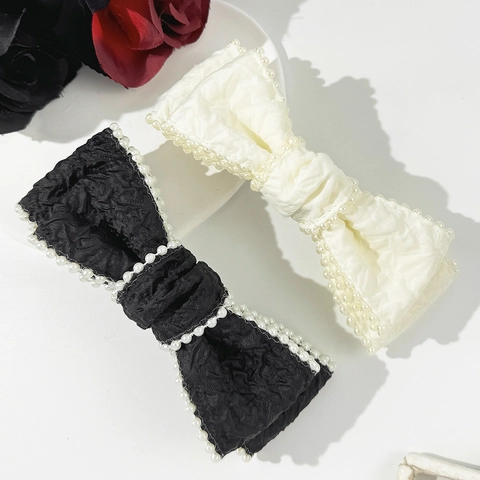 Orecchini a Molla Vintage Francese con Fiocco in Perla Artificiale per Donna Elegante Clip in Tessuto Plissettato Copricapo