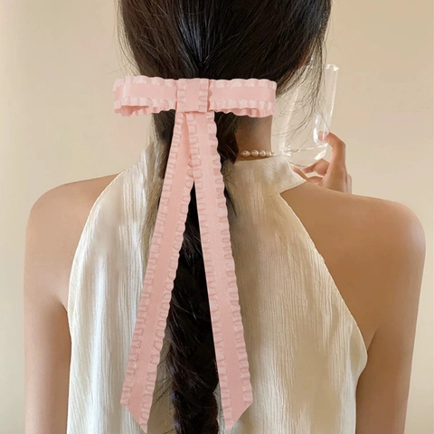 Elegant Ruffle Bow Hair Clip With Long Streamers Satin Ribbon Spring Clip Stylish Sweet Hair Accessory For Women Party Daily Wear