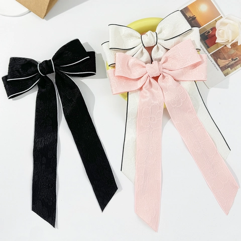 Elegante Pinza de Lazo con Cinta de Jacquard y Cintas Largas Estilo Vintage Francés de Doble Capa para Mujer