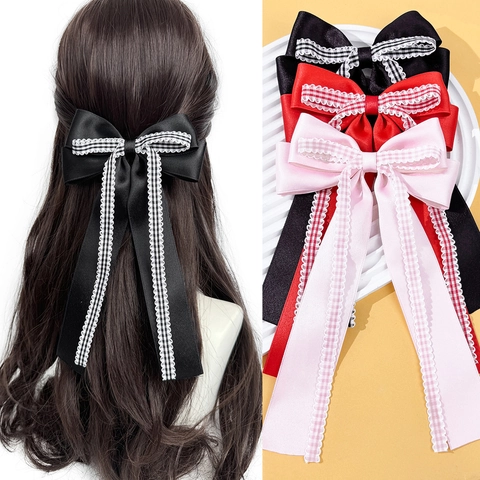 Sweet Satin Ribbon Bowknot Hair Clip With Long Streamer Lace Edge Plaid Pattern Korean Style Hairpins For Women Girls Accessory