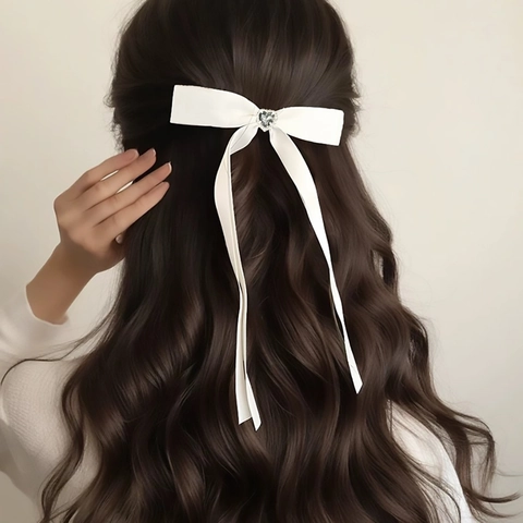 Süße Balletcore Satin Schleife Haarklammer Elegante Strass Herz Lange Band Streamer Pferdeschwanz Haarnadel Damen Haarschmuck