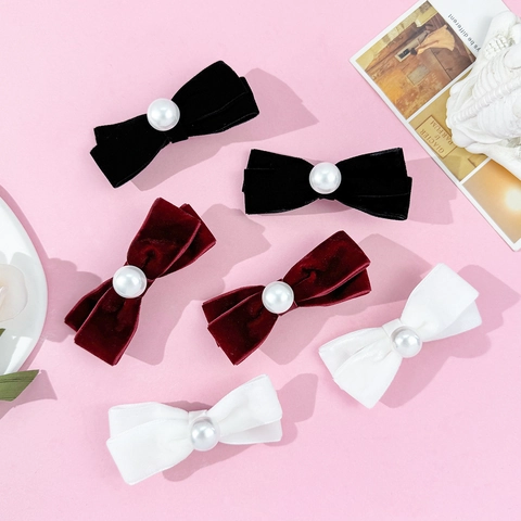 Fermagli per Capelli a Fiocco in Velluto Vintage Francese Con Perla Artificial Grande Eleganti Mollette a Becco d'Anatra Donna
