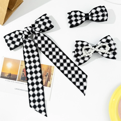 Juego de Pinzas para el Pelo con Lazo de Cuadros Blanco y Negro Perla Artificial de Imitación Tela Pinza de Pato Estilo Preppy Mujer