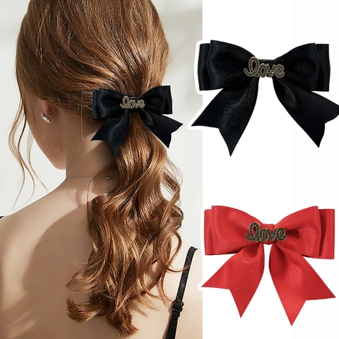 Elegant Ribbon Bow Hair Clip With Love Letter Metal Tag Rhinestone Hairpins For Women French Vintage Style Hair Accessories