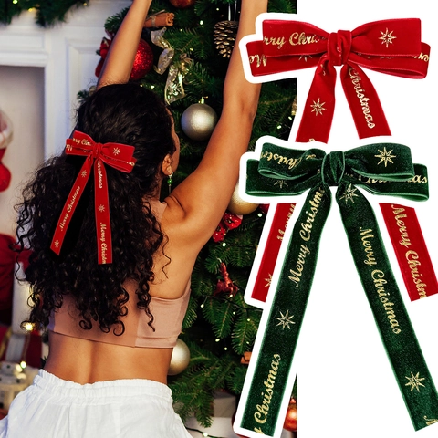 Weihnachten Samt Schleife Haarclip Streamer Festlich Haargummi Mit Goldbuchstaben Rot Grün Band Haarschmuck Für Damen Party