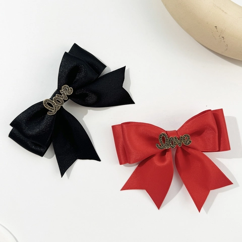 Elegant Ribbon Bow Hair Clip With Love Letter Metal Tag Rhinestone Hairpins For Women French Vintage Style Hair Accessories