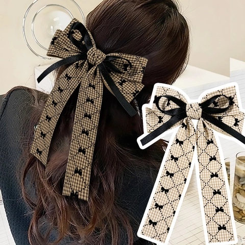 Fermaglio per Capelli a Fiocco Pied de Poule Elegante Nastro Lungo Satin Handmade Stile Francese Accessori per Capelli da Donna