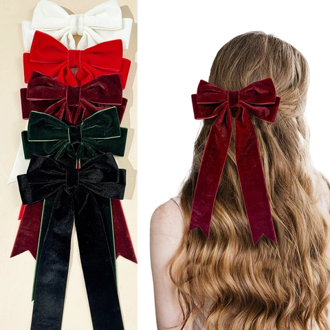 Elegante Fluwelen Grote Haarstrik met Lange Slingers Retro Eendenbek Clip voor Dames Feest Kerstmis Accessoires Hoofddeksel