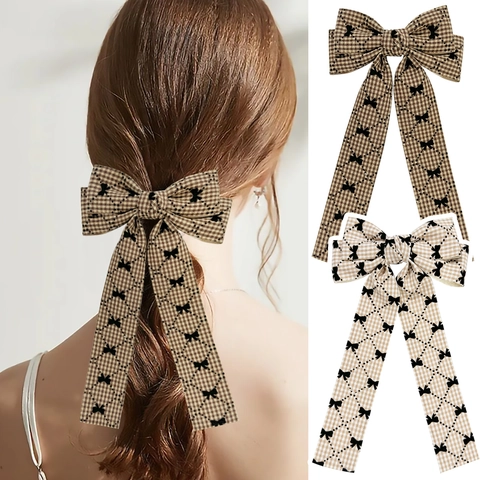Britischer Stil Hahnentritt Schleife Haarklammer Für Damen Retro Akademisch Kariert Band Haarschmuck Lange Streamer Hinterkopf Clip