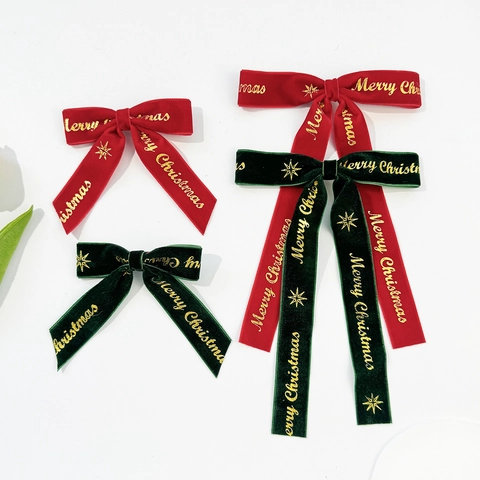 Fermaglio per Capelli con Fiocco in Velluto Natalizio per Donna Merry Christmas Lettera d'Oro Stella Modello Dolce Accessori
