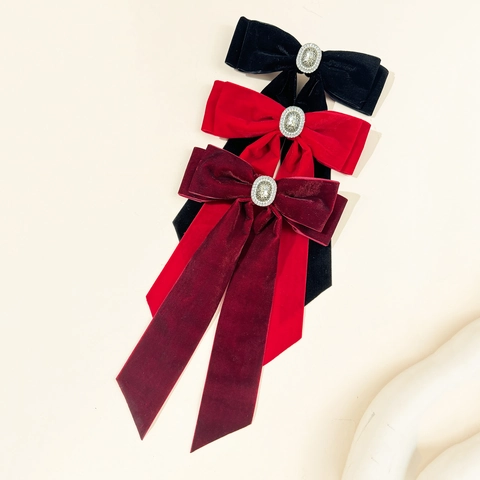 Pinza para el Pelo de Lazo de Terciopelo Francés Con Cinta Larga Vintage Elegante Strass Decorativo Clip de Resorte Mujer