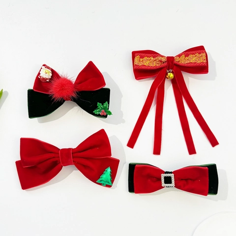 Christmas Velvet Bow Hair Clips For Kids Sweet Red Green Ribbon Hairpins With Bells Rhinestones Christmas Tree Decorations