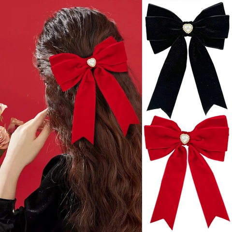 Elegante Molletta per Capelli a Fiocco in Velluto Con Cuore di Perla Artificiale Strass Clip a Molla per Donna