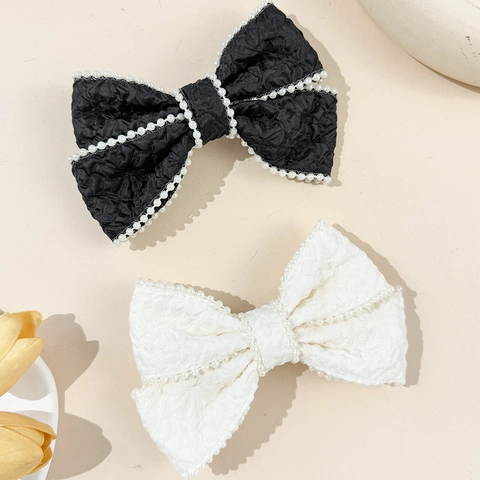 Fermaglio per Capelli a Fiocco Vintage Francese Con Perla Artificiale Elegante Tessuto Plicsettato Per Donna Accessorio Retro