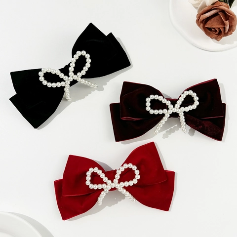 Fermaglio per Capelli con Fiocco in Velluto Vintage per Donna Con Perla Artificiale Elegante Accessorio per Capelli