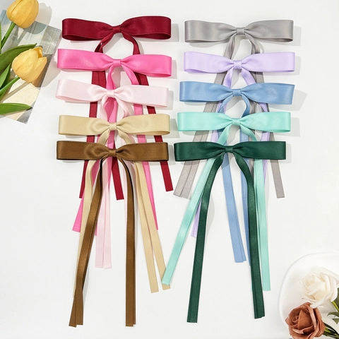 Pinza para el Pelo con Lazo de Satén Elegante con Cintas Largas para Mujer Estilo Balletcore Dulce Hecho a Mano Color Sólido
