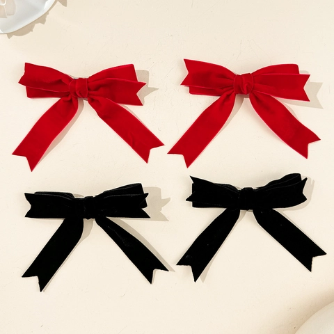 Sweet Velvet Bowknot Hair Clips For Women Vintage Duckbill Side Clip Elegant Solid Color Handmade Bow Hair Accessories