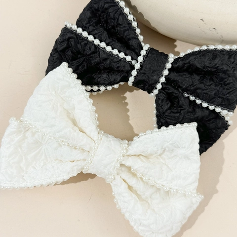 Fermaglio per Capelli a Fiocco Vintage Francese Con Perla Artificiale Elegante Tessuto Plicsettato Per Donna Accessorio Retro