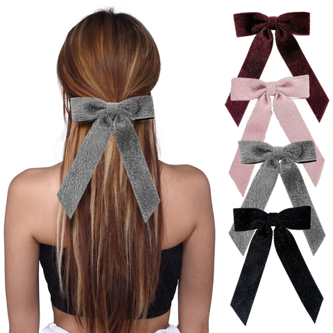 Damen Elegant Plüsch Schleife Haarclip Mit Langen Bändern Herbst Winter Übergroße Samt Optik Schleife Haarschmuck