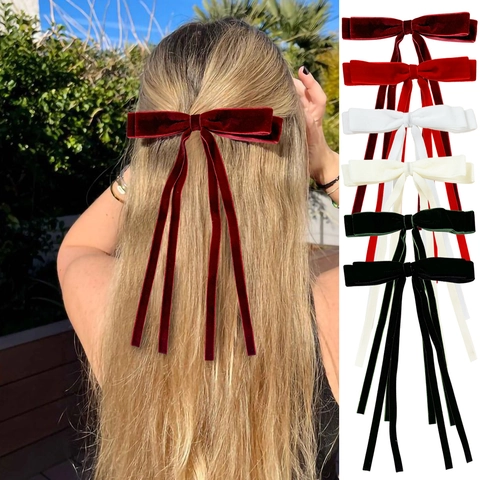 Velvet Bow Hair Clip With Long Streamers Double Layer Alligator Clip Balletcore Style Hair Decoration For Women Girls
