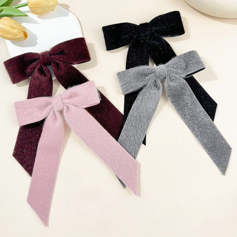 Damen Elegant Plüsch Schleife Haarclip Mit Langen Bändern Herbst Winter Übergroße Samt Optik Schleife Haarschmuck