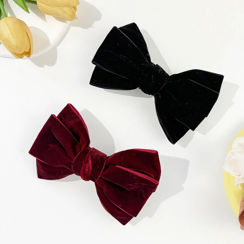 French Vintage Velvet Big Bow Hair Clip For Women Elegant Large Bowknot Spring Clip Handmade Hair Accessory Wedding Party