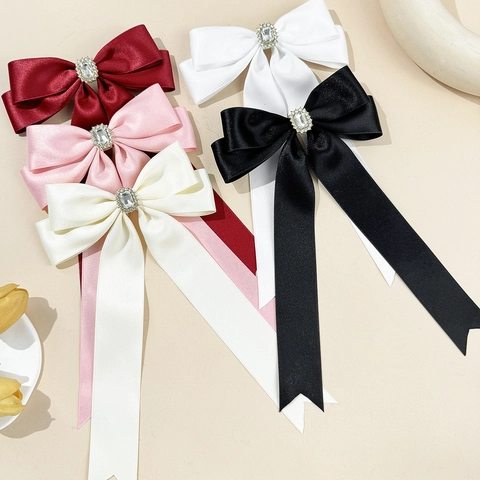 Barrette à Cheveux Élégante en Satin avec Nœud et Strass Long Ruban Style Français Pince à Ressort Accessoires Cheveux Femme