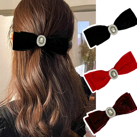French Vintage Velvet Bow Hair Clip For Women Elegant Large Ribbon Hairpin With Rhinestone Artificial Pearl Accessory